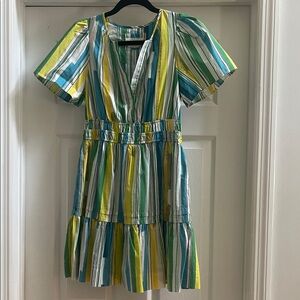 Anthropologie Striped Short-Sleeve Tiered Dress in Green, Blue & Yellow